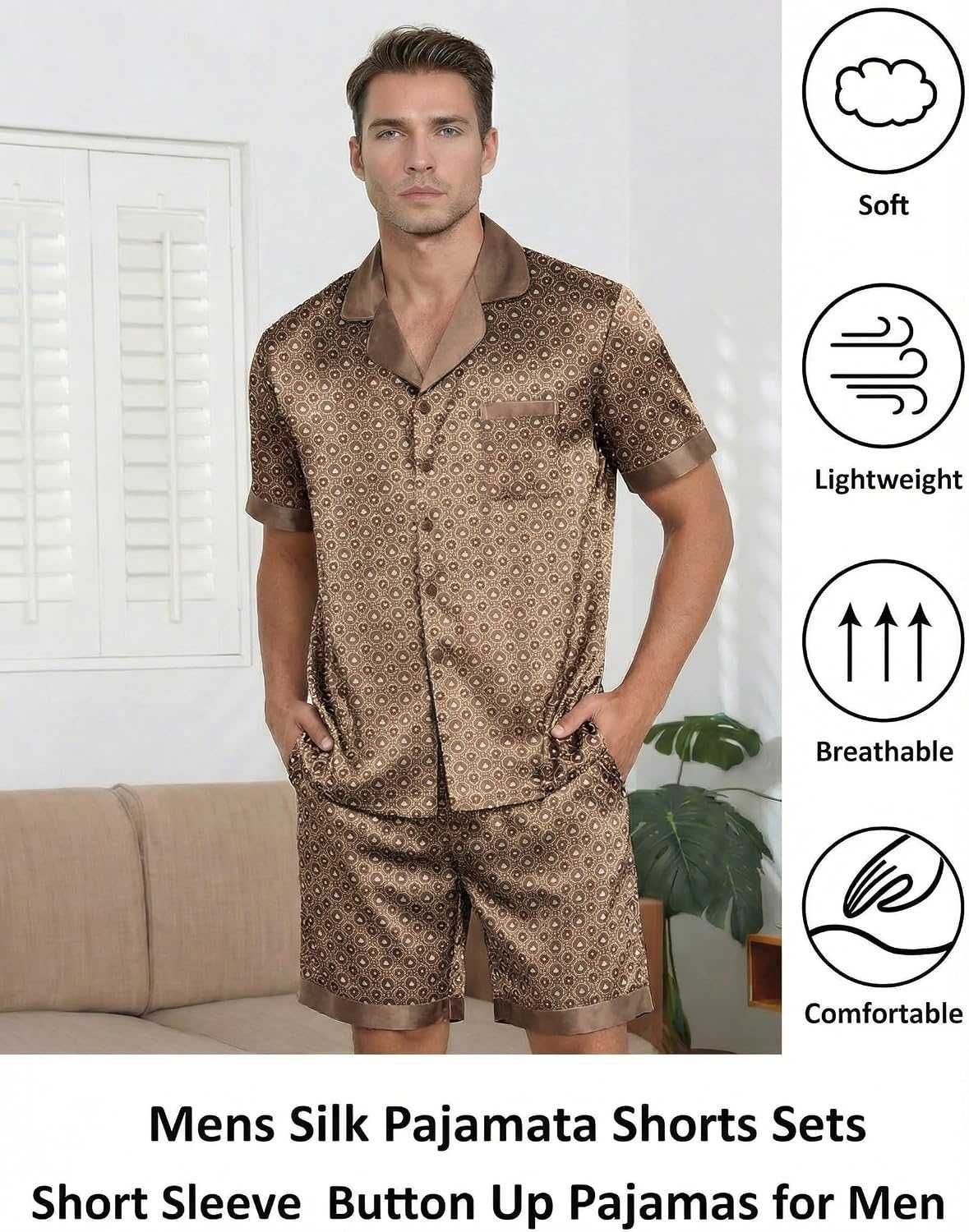 image:imageEkouaer Men Silk Pajamas Set 2 Pieces Satin Pj Button Down Loungewear SetsGeometric Gold
