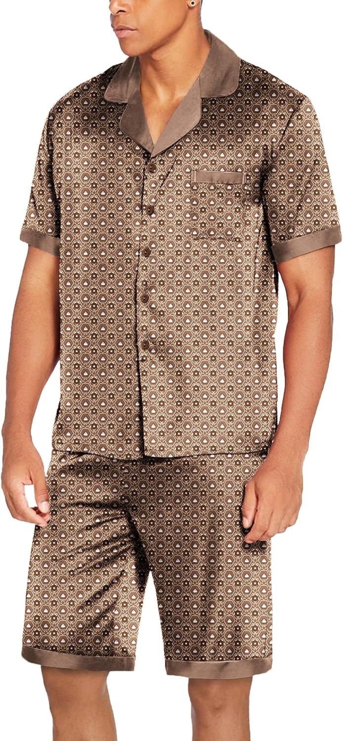 image:imageEkouaer Men Silk Pajamas Set 2 Pieces Satin Pj Button Down Loungewear SetsGeometric Gold