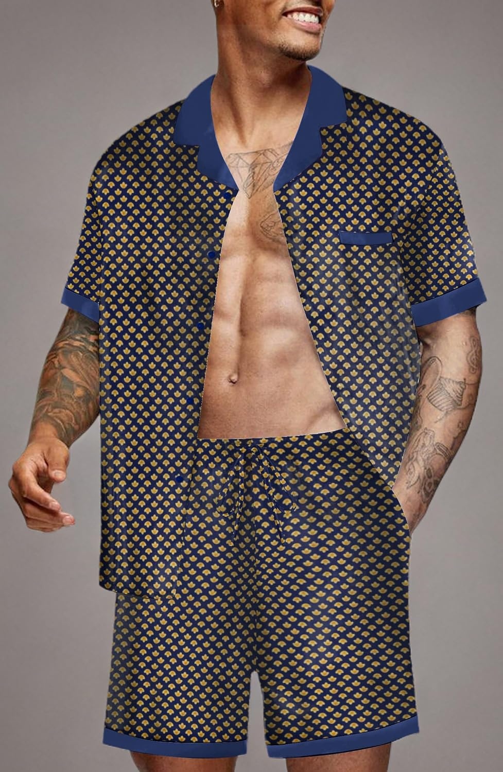 image:imageEkouaer Men Silk Pajamas Set 2 Pieces Satin Pj Button Down Loungewear SetsGeometric Yellow