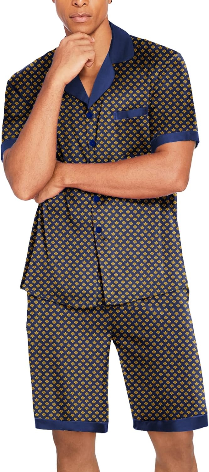image:imageEkouaer Men Silk Pajamas Set 2 Pieces Satin Pj Button Down Loungewear SetsGeometric Yellow