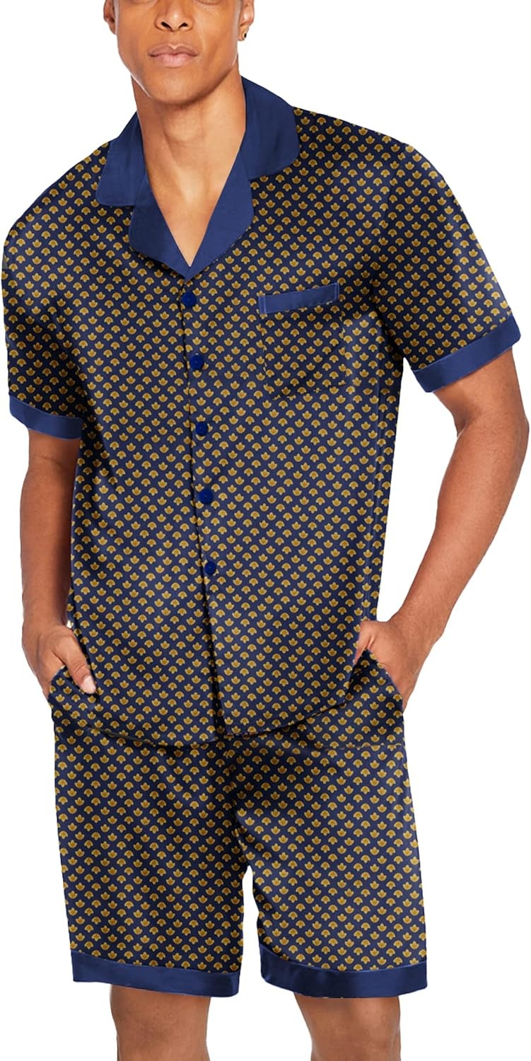 image:imageEkouaer Men Silk Pajamas Set 2 Pieces Satin Pj Button Down Loungewear SetsGeometric Yellow