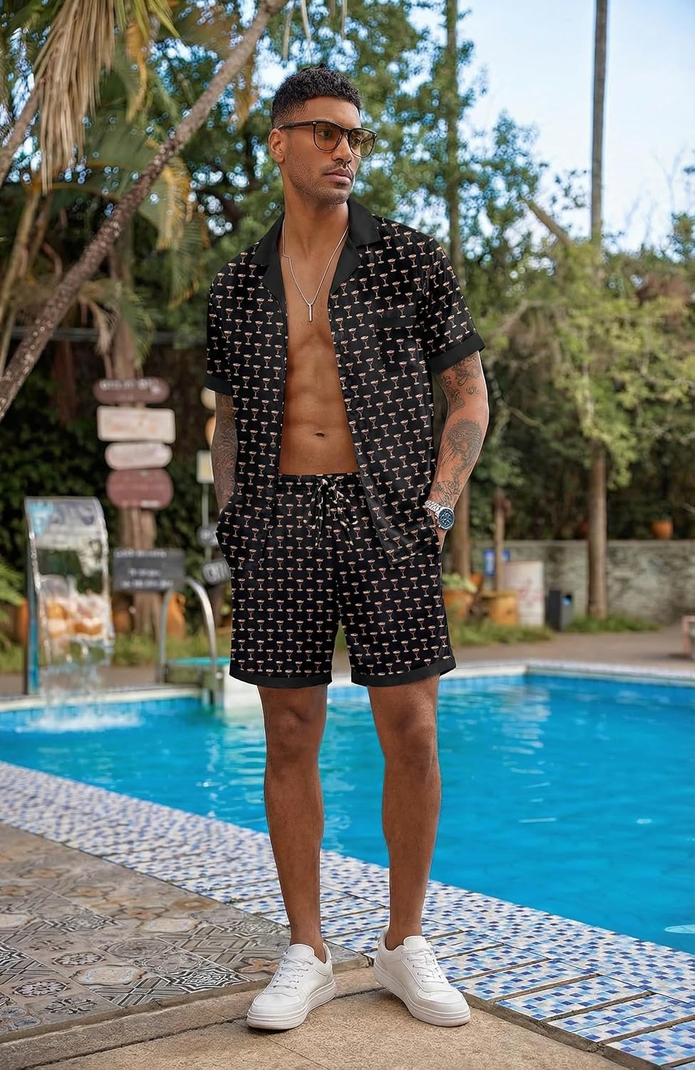 image:imageEkouaer Men Silk Pajamas Set 2 Pieces Satin Pj Button Down Loungewear SetsMartini