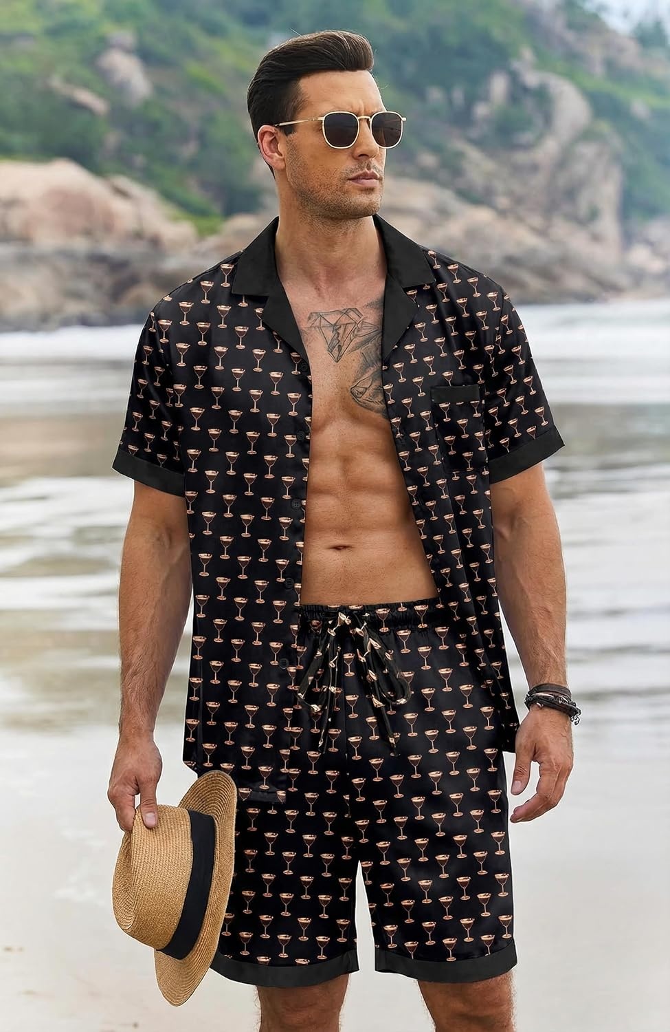 image:imageEkouaer Men Silk Pajamas Set 2 Pieces Satin Pj Button Down Loungewear SetsMartini