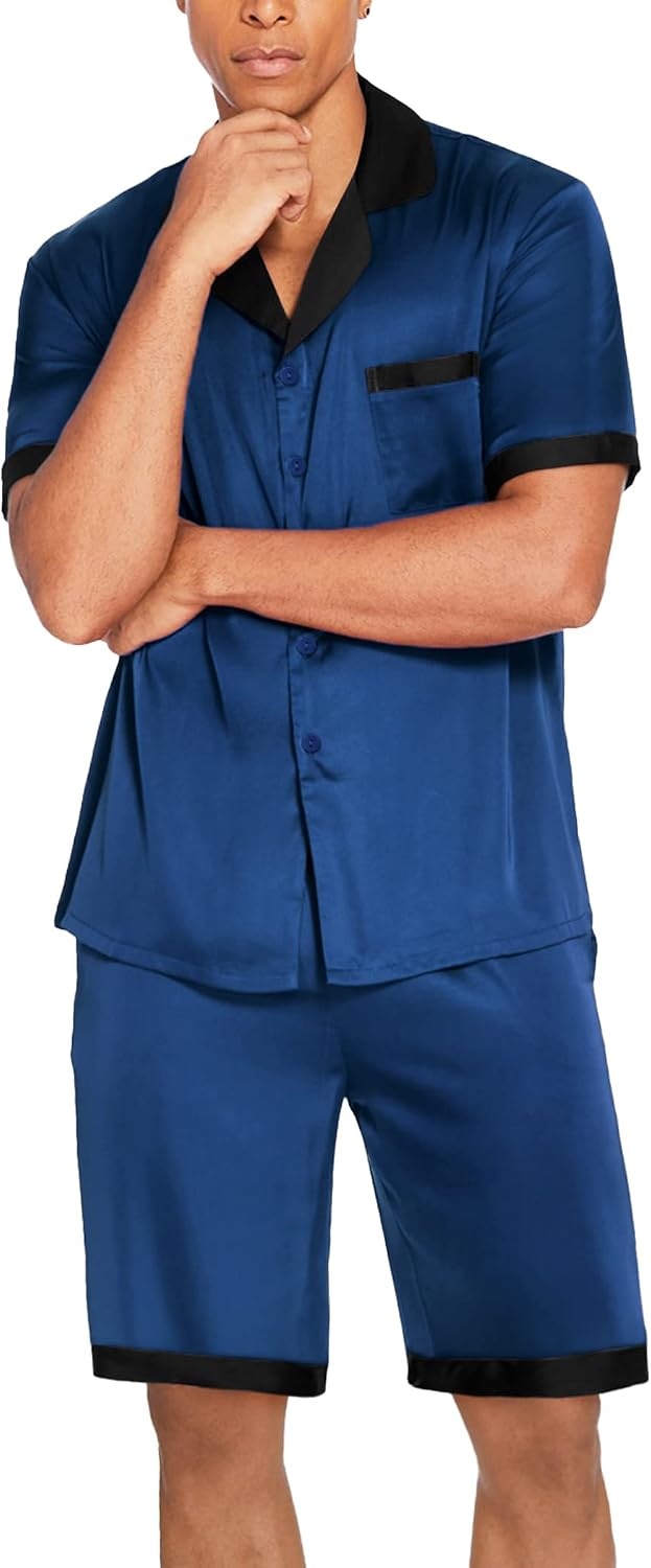 image:imageEkouaer Men Silk Pajamas Set 2 Pieces Satin Pj Button Down Loungewear SetsNavy Blue
