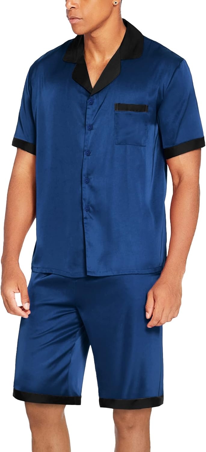 image:imageEkouaer Men Silk Pajamas Set 2 Pieces Satin Pj Button Down Loungewear SetsNavy Blue