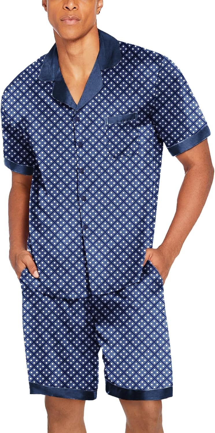 image:imageEkouaer Men Silk Pajamas Set 2 Pieces Satin Pj Button Down Loungewear SetsNavy Blue Geometry