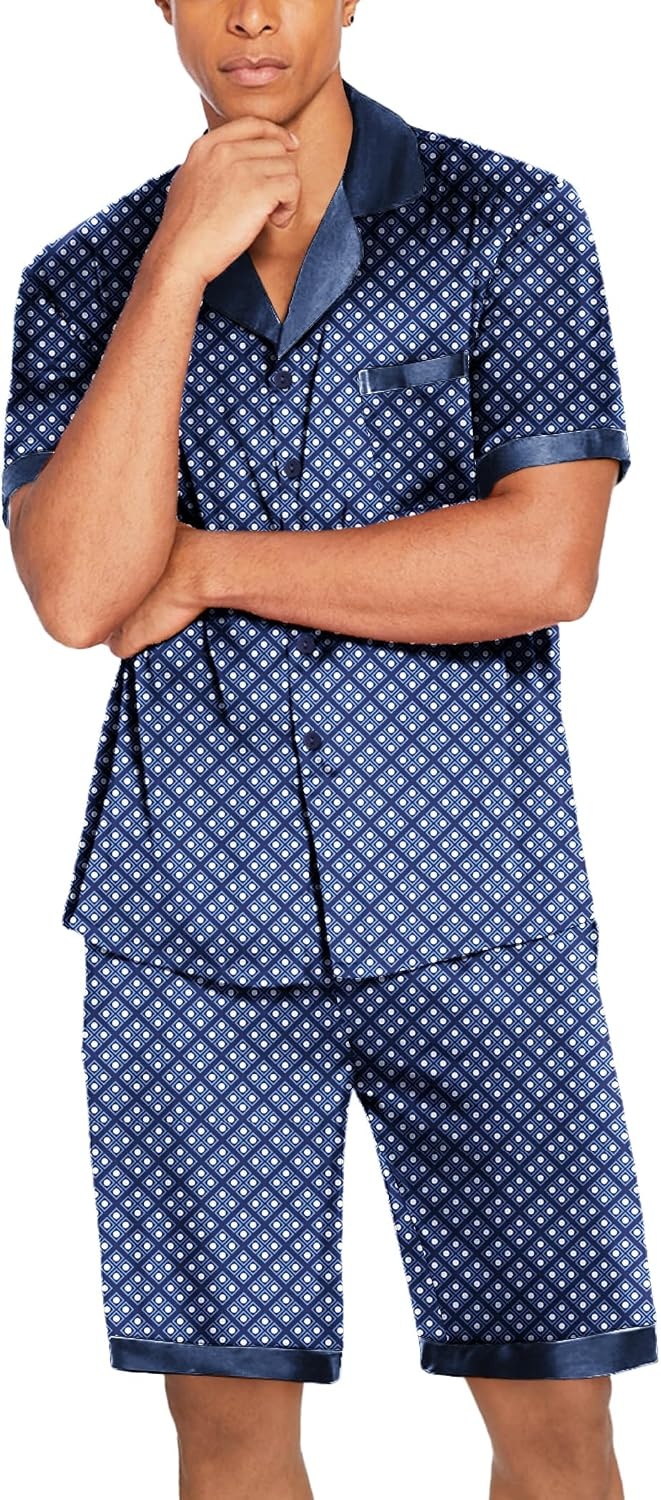 image:imageEkouaer Men Silk Pajamas Set 2 Pieces Satin Pj Button Down Loungewear SetsNavy Blue Geometry