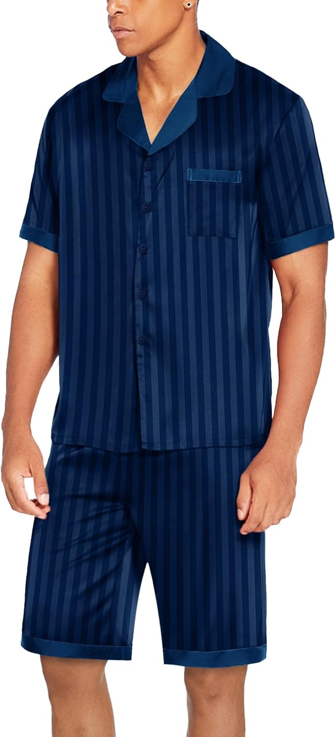 image:imageEkouaer Men Silk Pajamas Set 2 Pieces Satin Pj Button Down Loungewear SetsNavy Striped