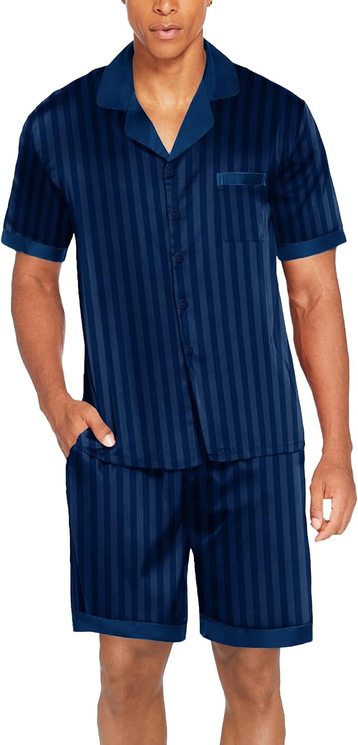 image:imageEkouaer Men Silk Pajamas Set 2 Pieces Satin Pj Button Down Loungewear SetsNavy Striped