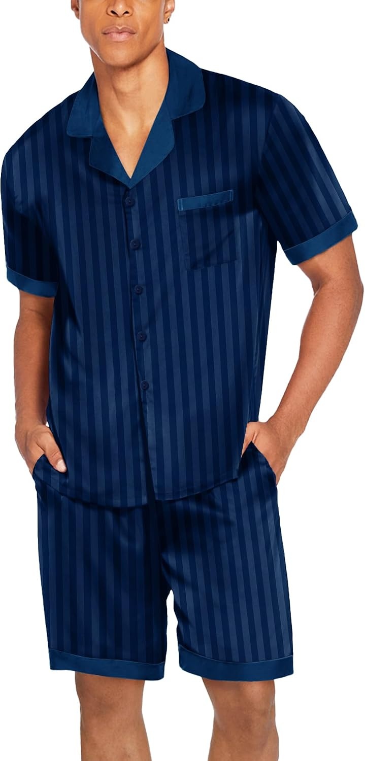 image:imageEkouaer Men Silk Pajamas Set 2 Pieces Satin Pj Button Down Loungewear SetsNavy Striped