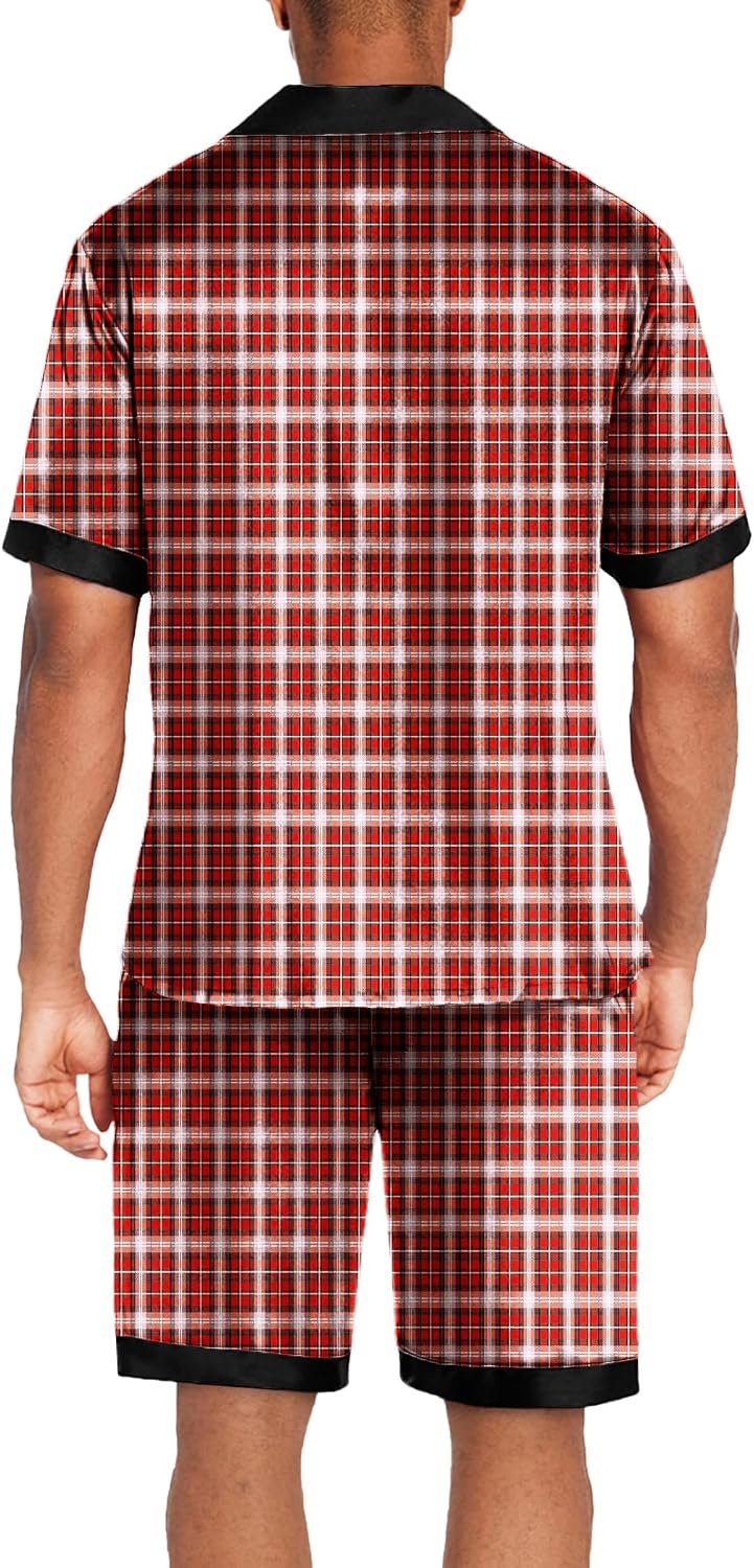 image:imageEkouaer Men Silk Pajamas Set 2 Pieces Satin Pj Button Down Loungewear SetsRed Plaid