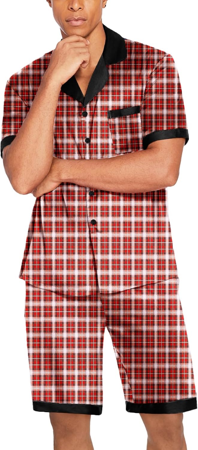 image:imageEkouaer Men Silk Pajamas Set 2 Pieces Satin Pj Button Down Loungewear SetsRed Plaid