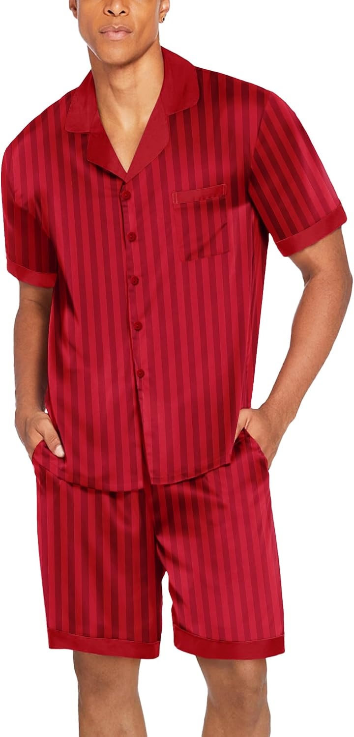 image:imageEkouaer Men Silk Pajamas Set 2 Pieces Satin Pj Button Down Loungewear SetsRed Striped