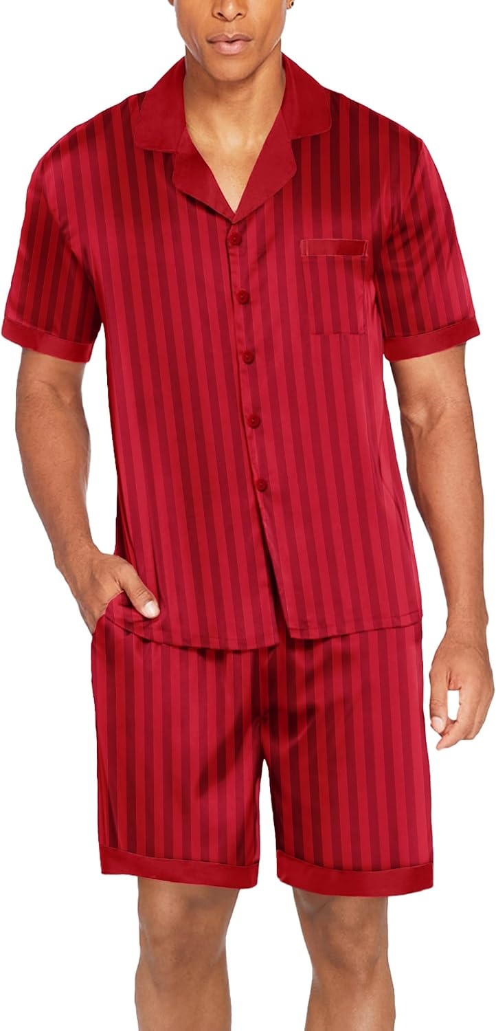 image:imageEkouaer Men Silk Pajamas Set 2 Pieces Satin Pj Button Down Loungewear SetsRed Striped