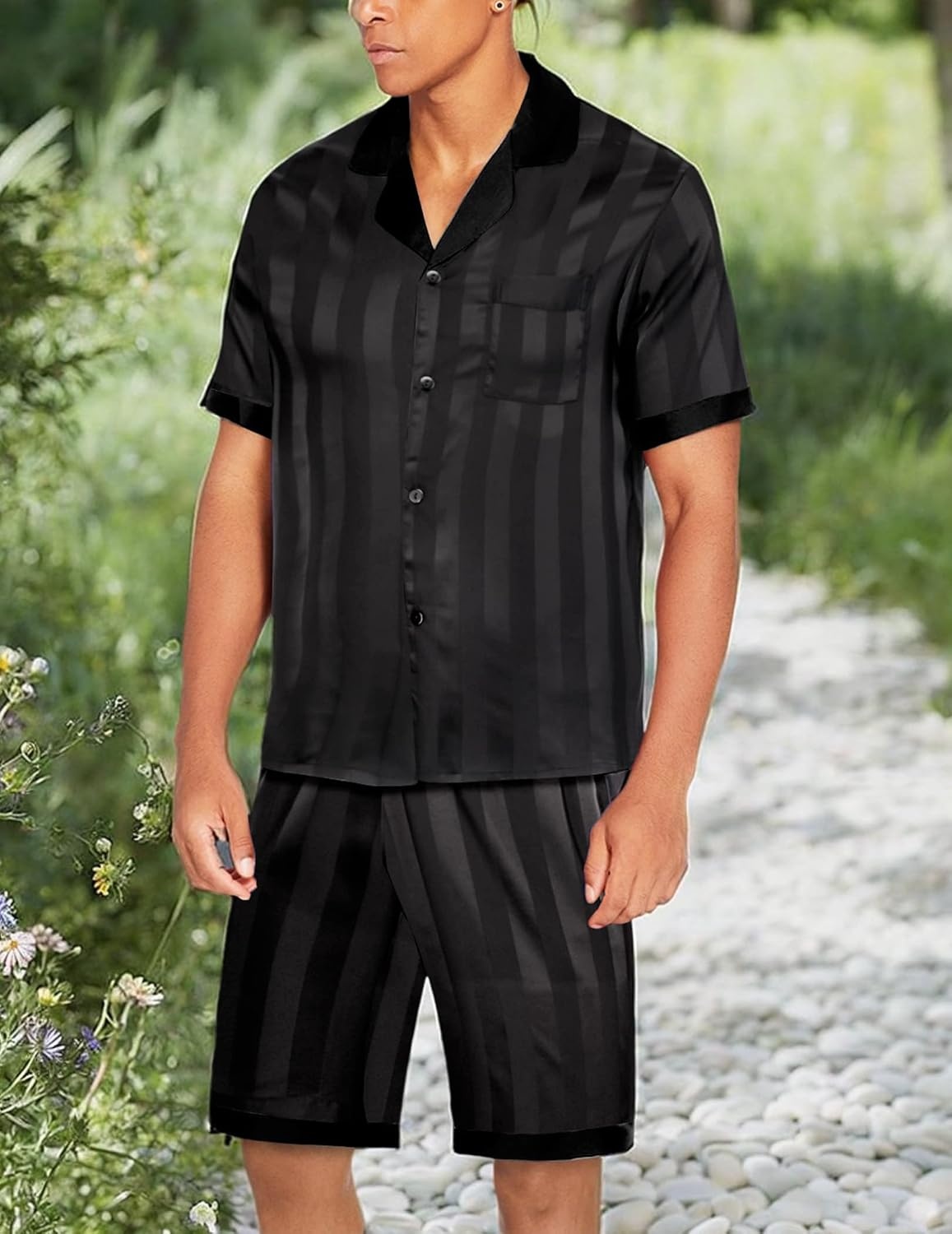 image:imageEkouaer Men Silk Pajamas Set 2 Pieces Satin Pj Button Down Loungewear SetsStripe Black
