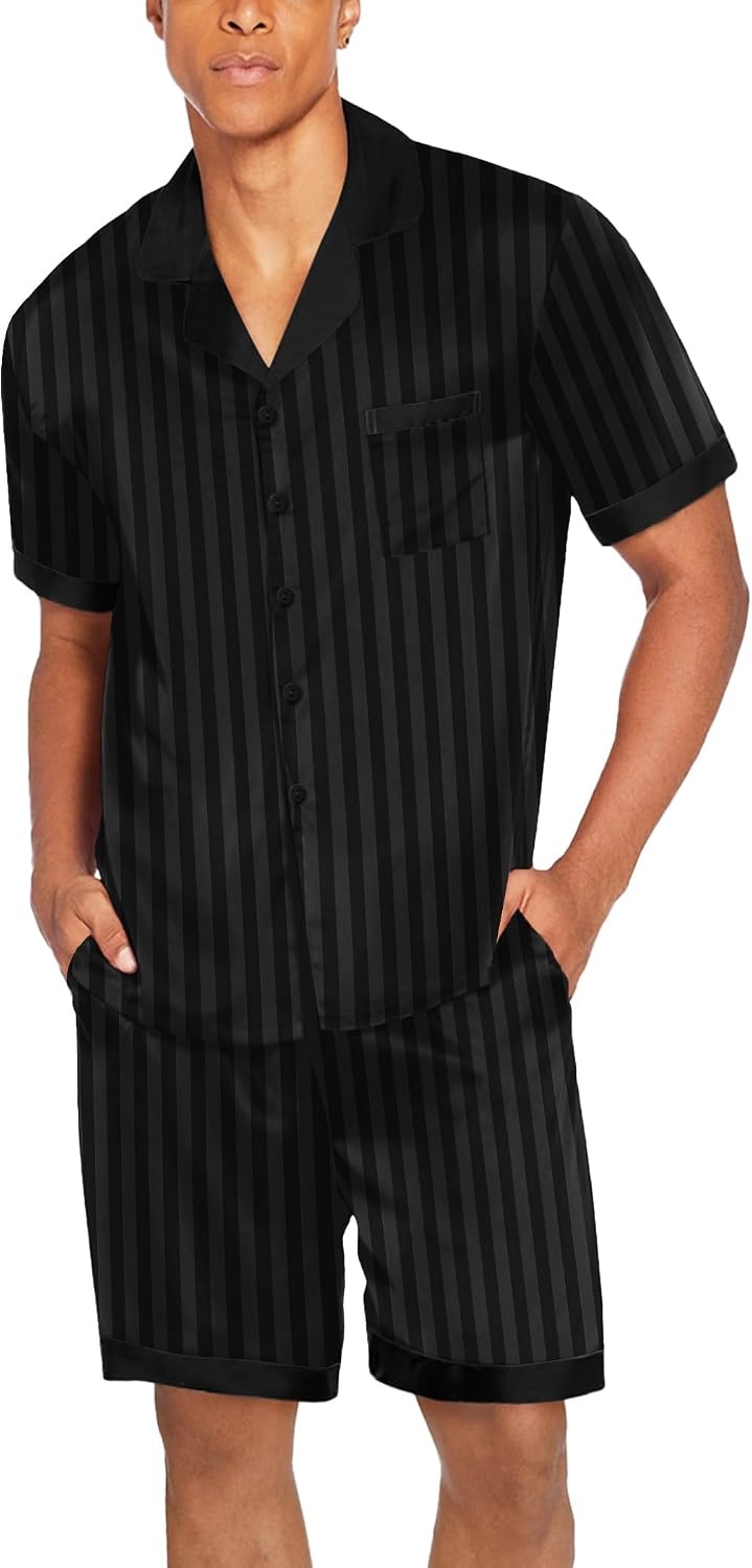 image:imageEkouaer Men Silk Pajamas Set 2 Pieces Satin Pj Button Down Loungewear SetsStripe Black