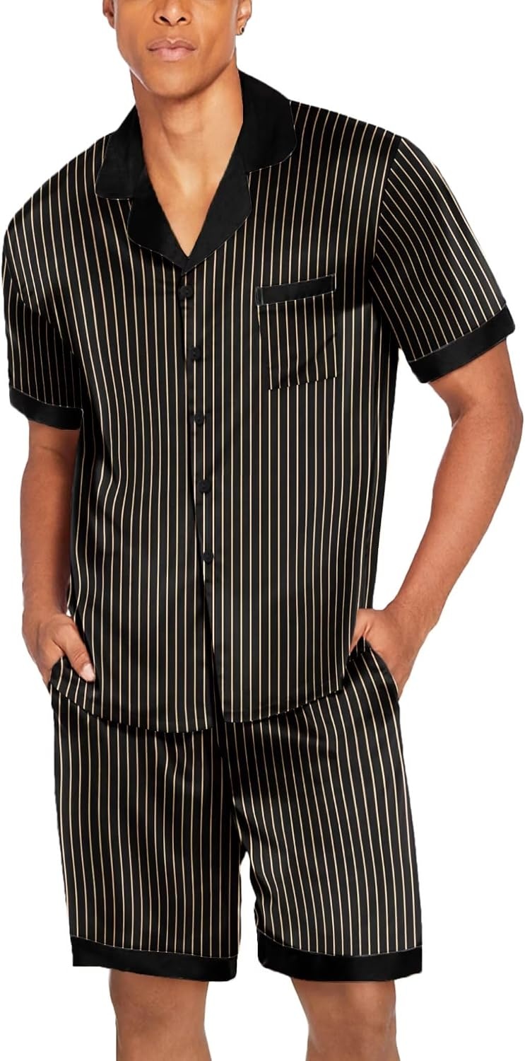 image:imageEkouaer Men Silk Pajamas Set 2 Pieces Satin Pj Button Down Loungewear SetsStripe Black Gold