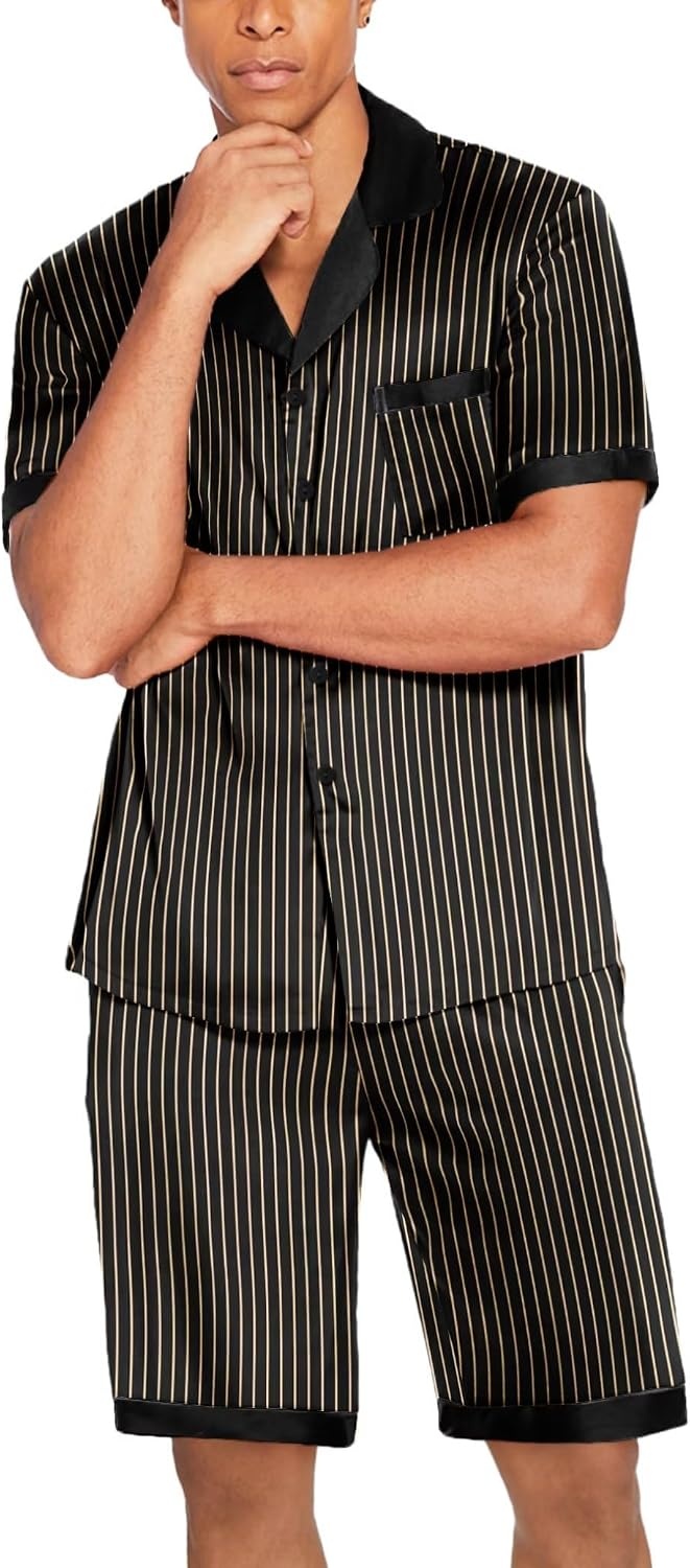 image:imageEkouaer Men Silk Pajamas Set 2 Pieces Satin Pj Button Down Loungewear SetsStripe Black Gold