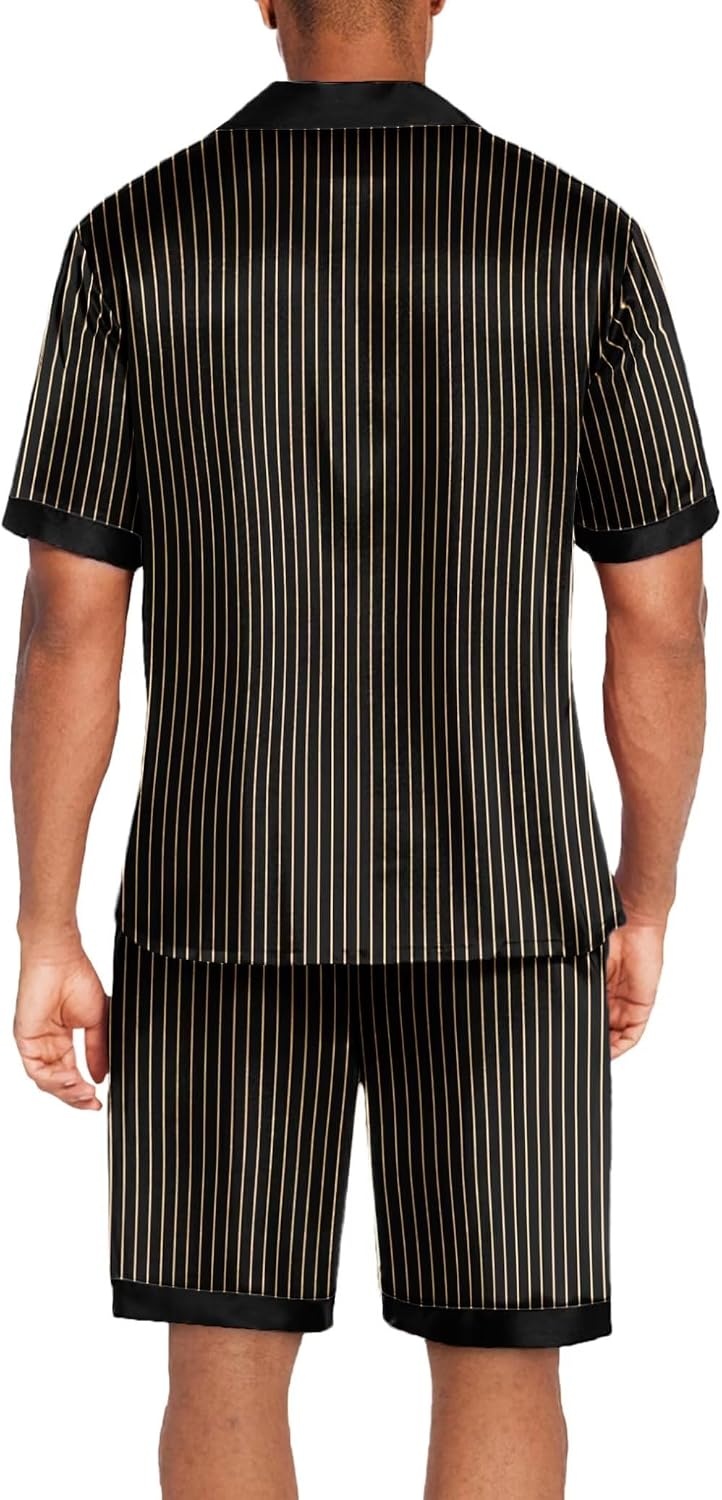 image:imageEkouaer Men Silk Pajamas Set 2 Pieces Satin Pj Button Down Loungewear SetsStripe Black Gold