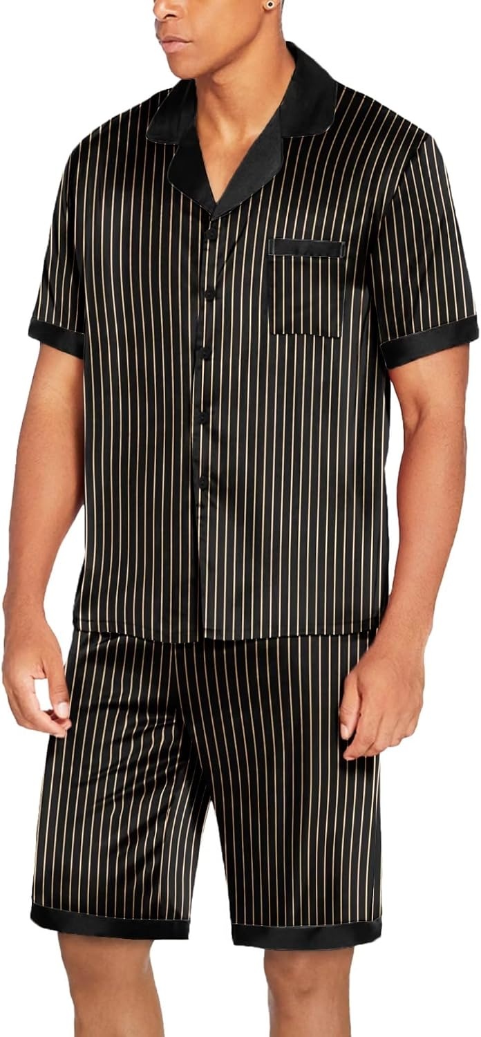 image:imageEkouaer Men Silk Pajamas Set 2 Pieces Satin Pj Button Down Loungewear SetsStripe Black Gold