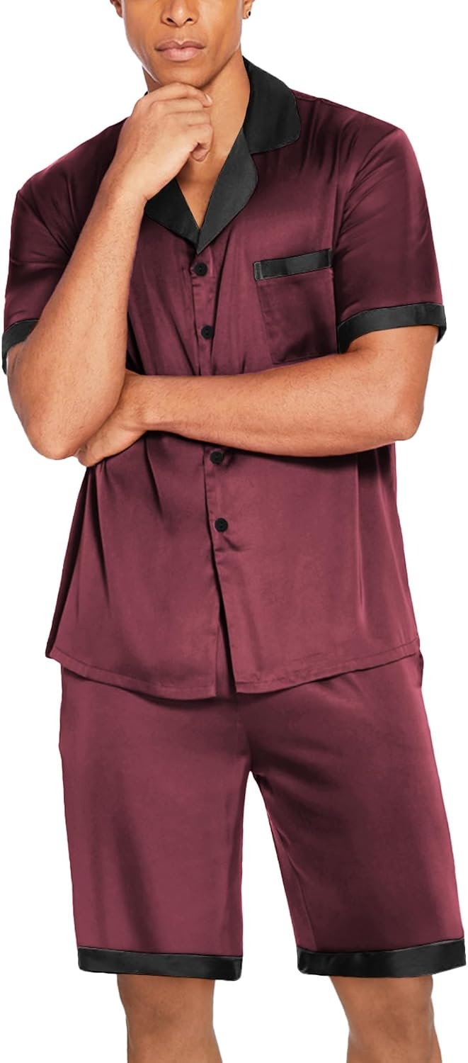 image:imageEkouaer Men Silk Pajamas Set 2 Pieces Satin Pj Button Down Loungewear SetsWine Red