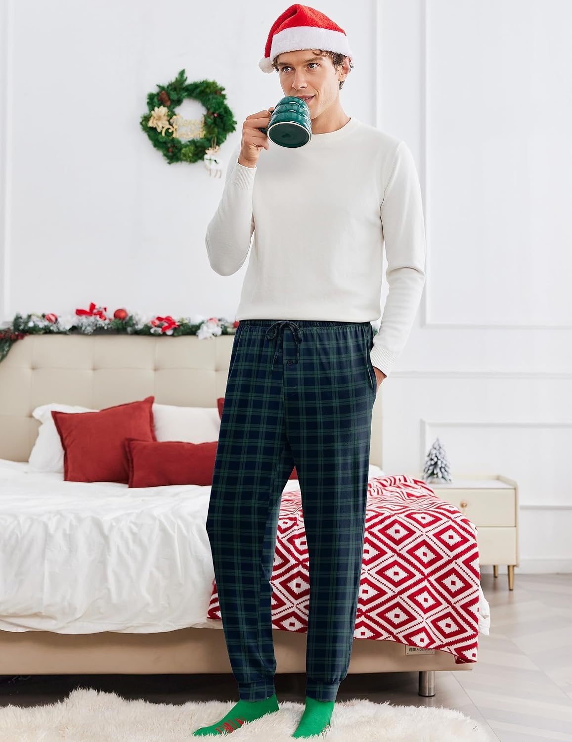 image:imageEkouaer Mens Pajama Pants Jogger Comfy Loungewear with Pockets Drawstring2 Packgreenblue Plaid