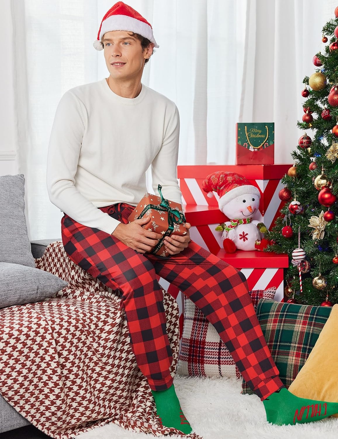image:imageEkouaer Mens Pajama Pants Jogger Comfy Loungewear with Pockets Drawstring2 Packnavyred Plaid