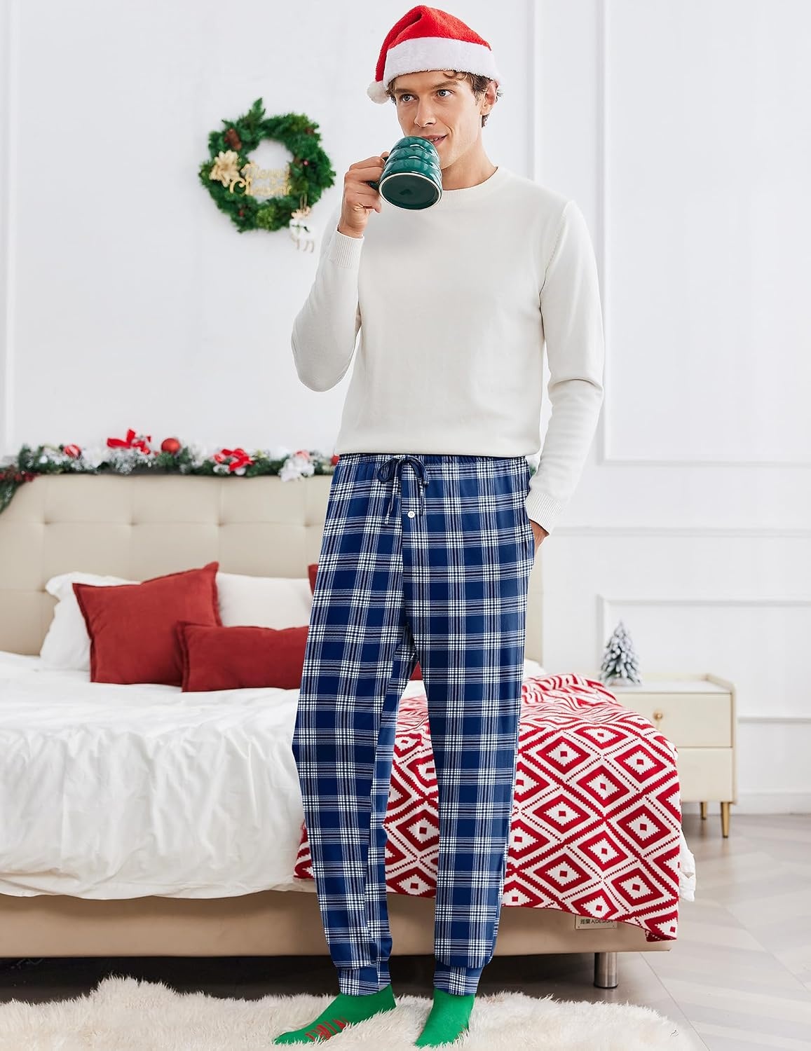 image:imageEkouaer Mens Pajama Pants Jogger Comfy Loungewear with Pockets Drawstring2 Packnavyred Plaid