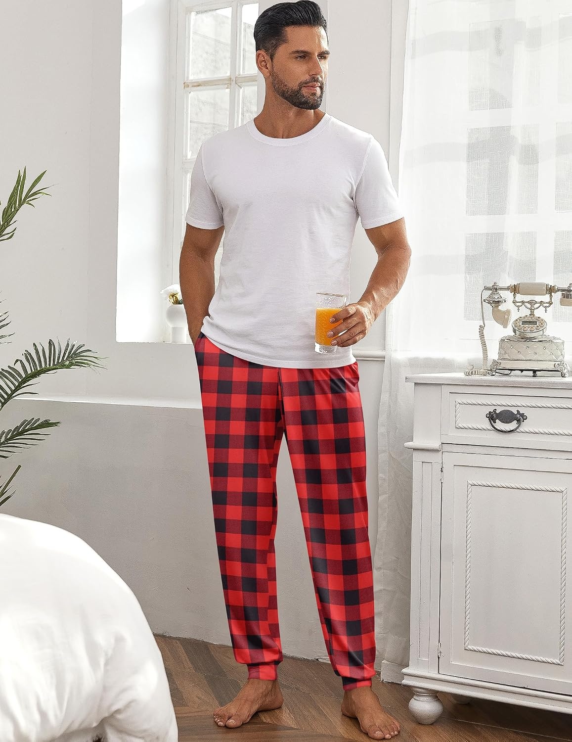 image:imageEkouaer Mens Pajama Pants Jogger Comfy Loungewear with Pockets DrawstringRed Plaid