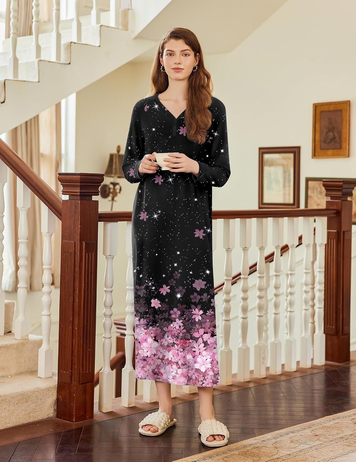 image:imageEkouaer Nightgown for Women Long Sleeve Sleepshirt Full Length NightshirtCherry Blossoms