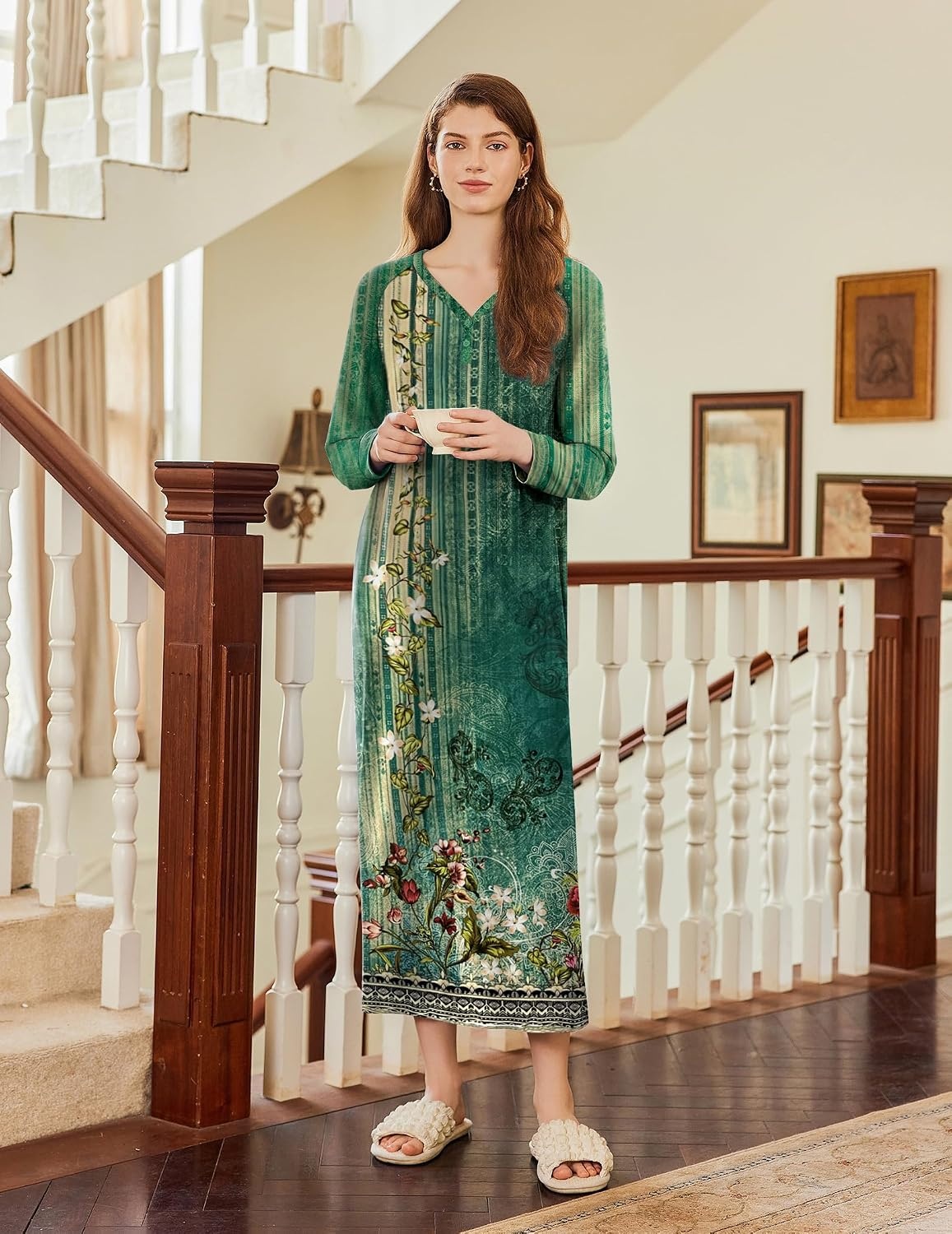 image:imageEkouaer Nightgown for Women Long Sleeve Sleepshirt Full Length NightshirtFloral Green