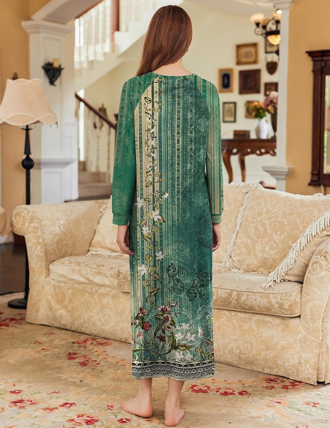 image:imageEkouaer Nightgown for Women Long Sleeve Sleepshirt Full Length NightshirtFloral Green