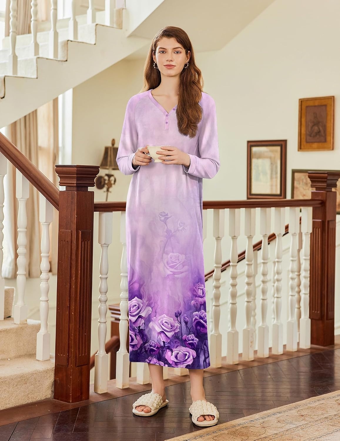 image:imageEkouaer Nightgown for Women Long Sleeve Sleepshirt Full Length NightshirtFloral Light Purple