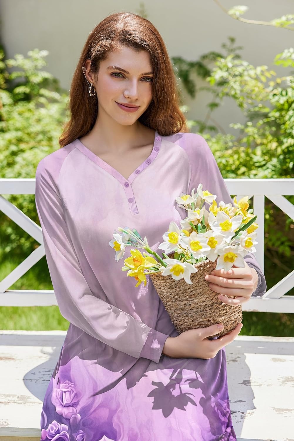 image:imageEkouaer Nightgown for Women Long Sleeve Sleepshirt Full Length NightshirtFloral Light Purple