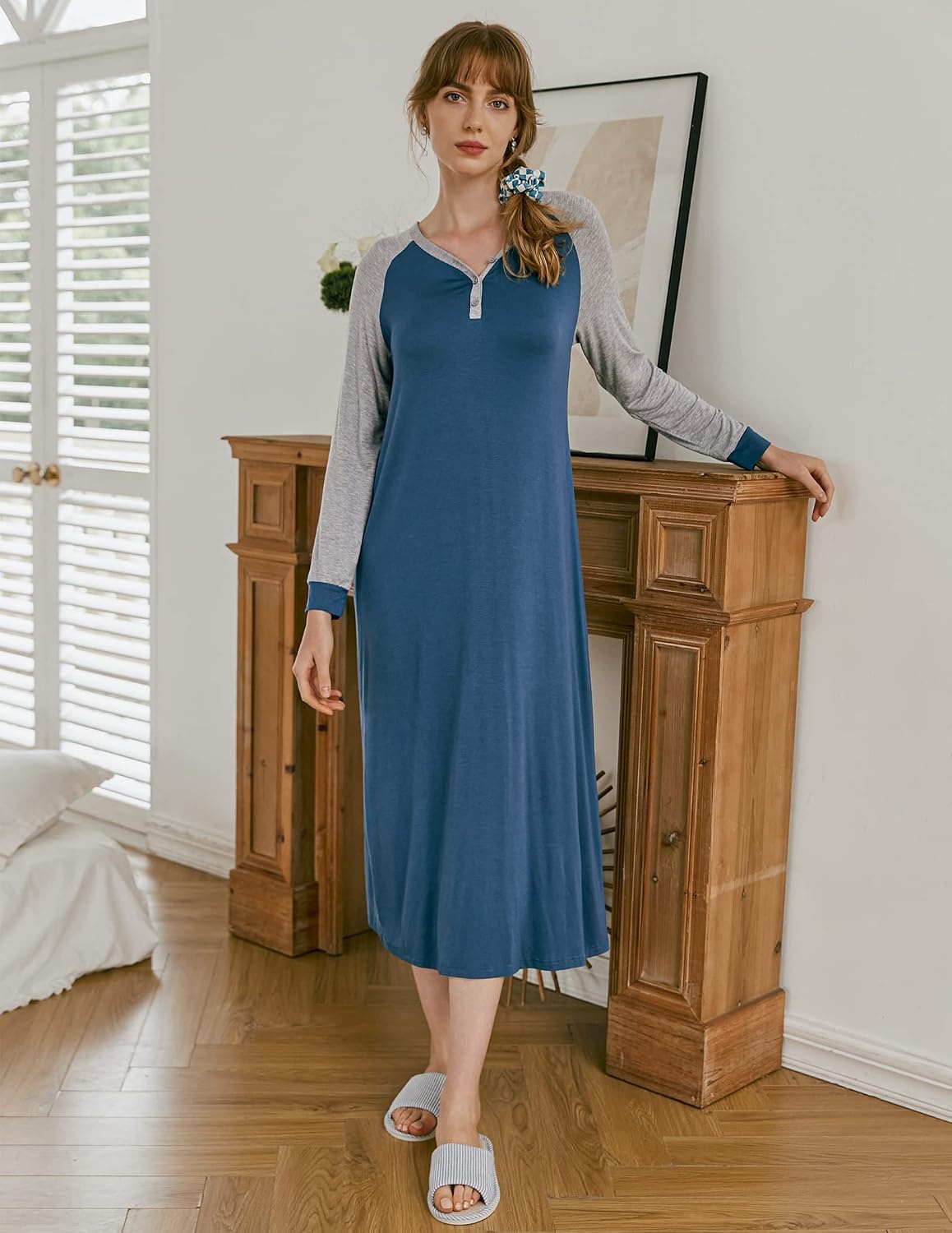 image:imageEkouaer Nightgown for Women Long Sleeve Sleepshirt Full Length NightshirtNavy