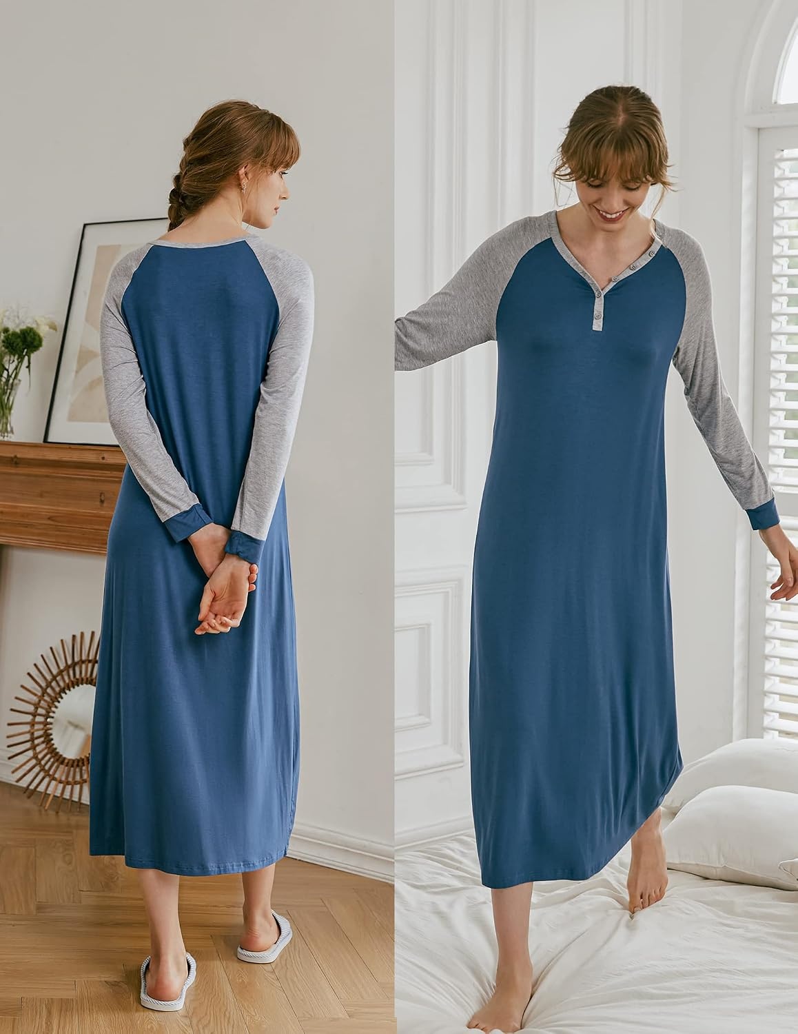 image:imageEkouaer Nightgown for Women Long Sleeve Sleepshirt Full Length NightshirtNavy