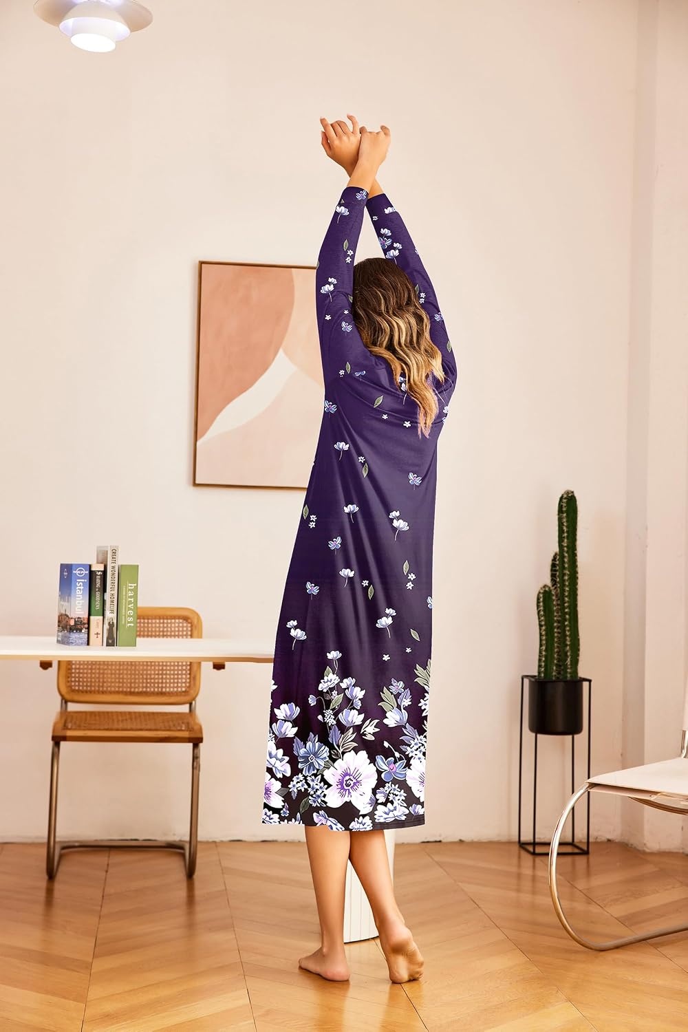 image:imageEkouaer Nightgown for Women Long Sleeve Sleepshirt Full Length NightshirtPurple Flowers