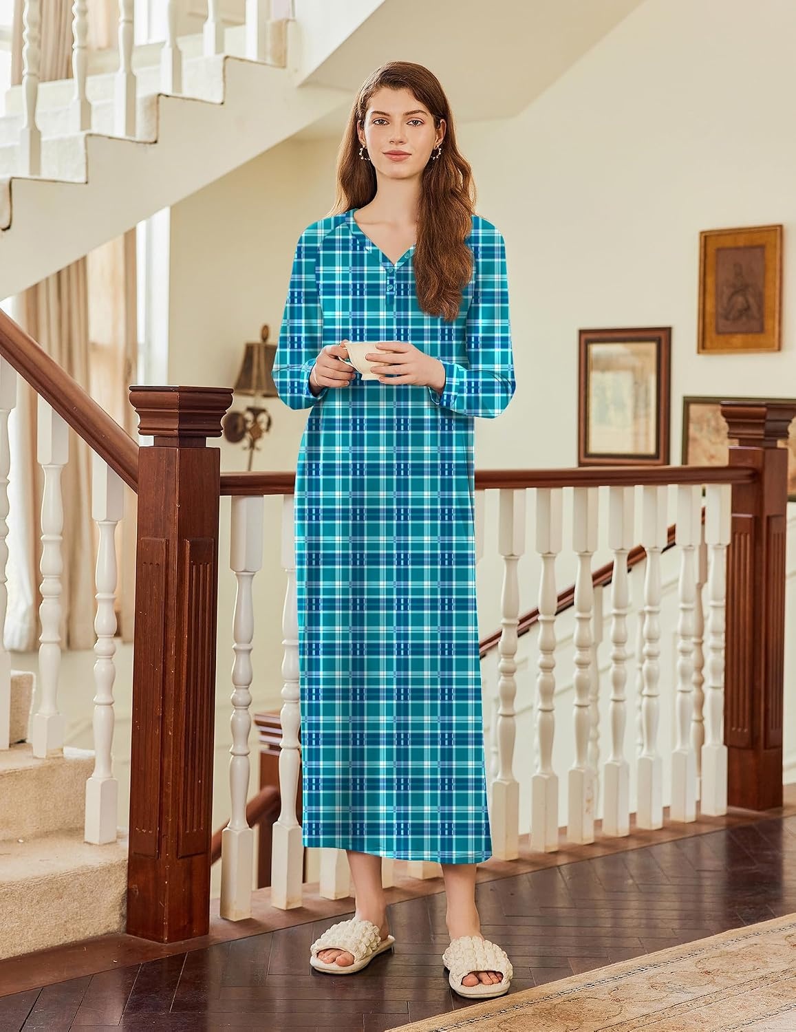 image:imageEkouaer Nightgown for Women Long Sleeve Sleepshirt Full Length NightshirtTurquoise Plaid