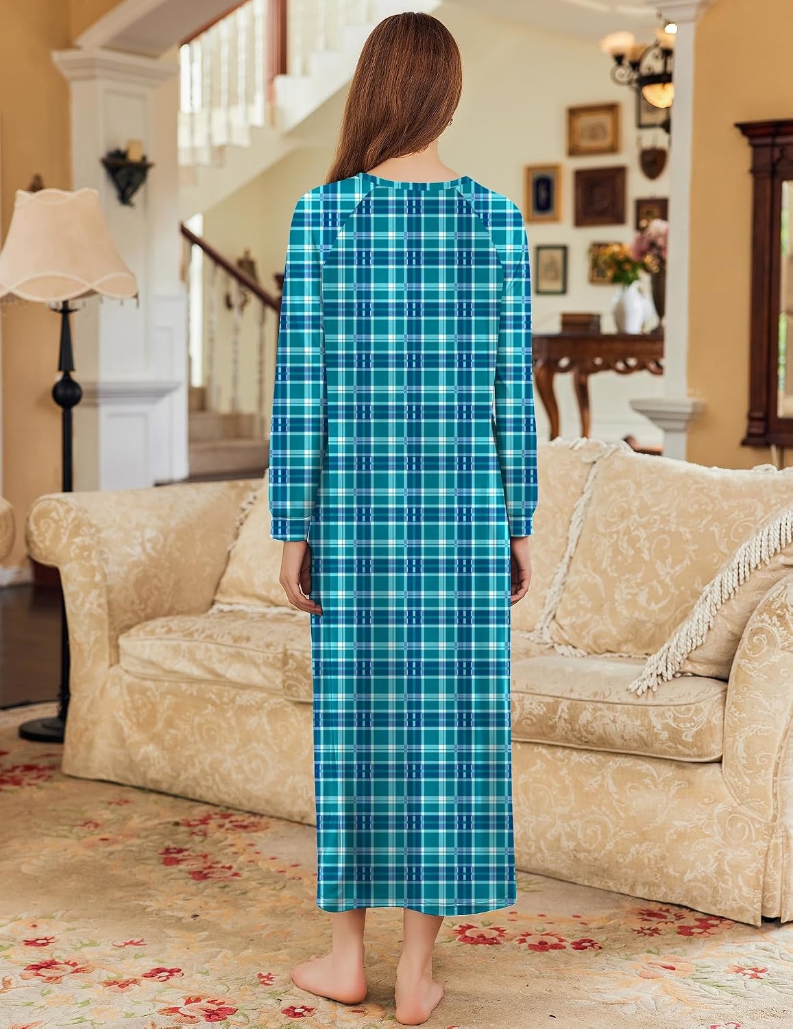 image:imageEkouaer Nightgown for Women Long Sleeve Sleepshirt Full Length NightshirtTurquoise Plaid