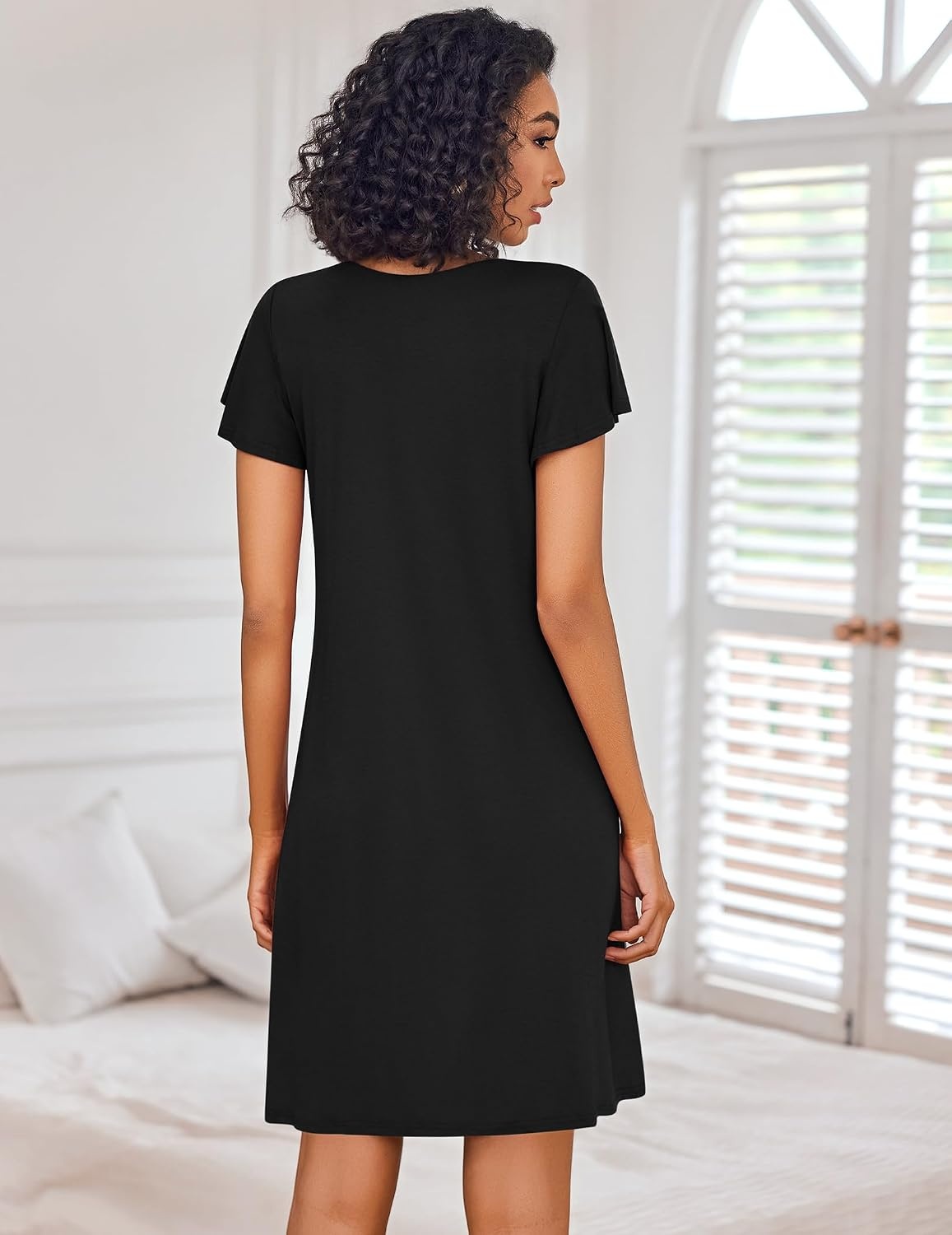 image:imageEkouaer Nightgowns for Women Short Sleeve House Dress Pleated Night GownBlack