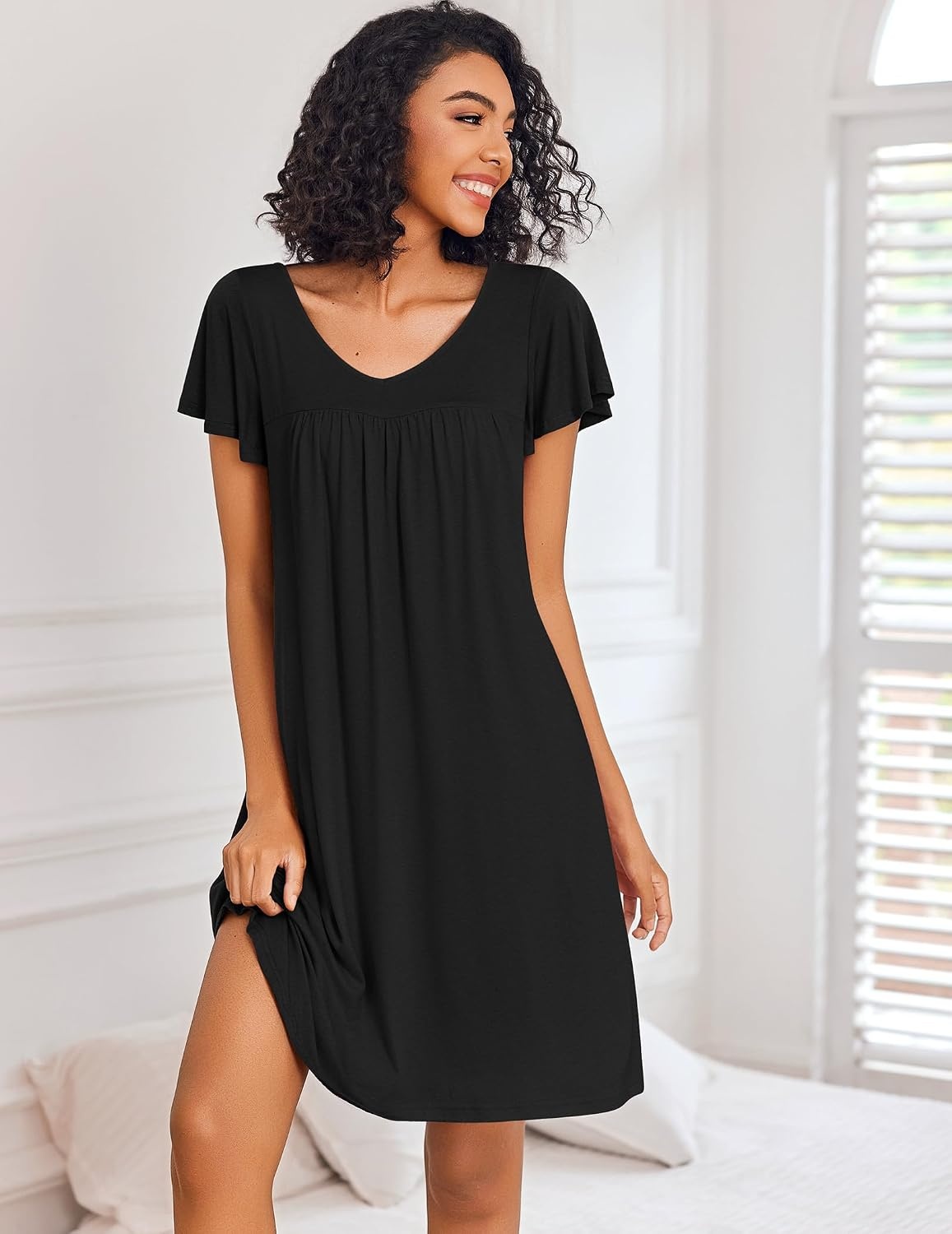 image:imageEkouaer Nightgowns for Women Short Sleeve House Dress Pleated Night GownBlack