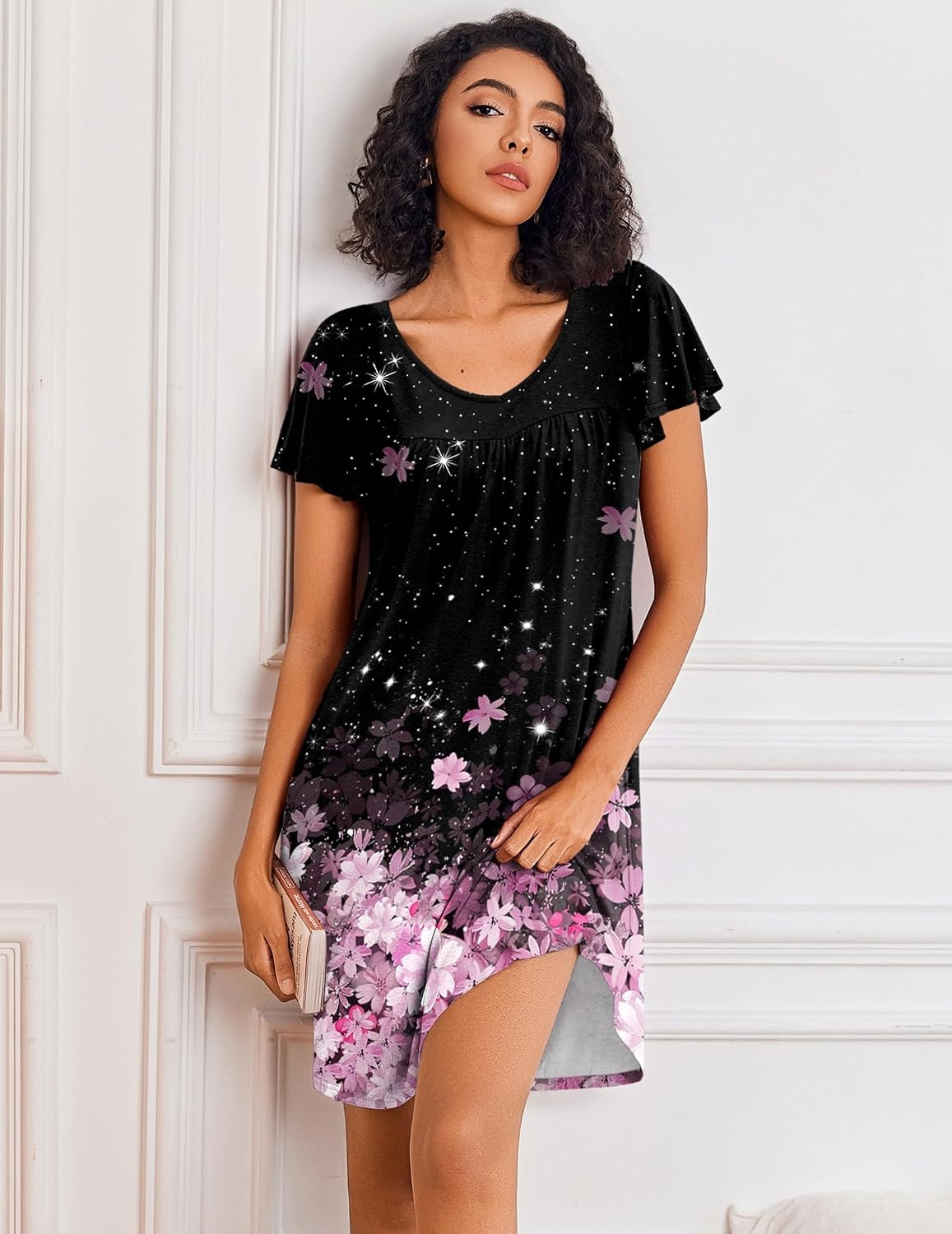 image:imageEkouaer Nightgowns for Women Short Sleeve House Dress Pleated Night GownCherry Blossoms