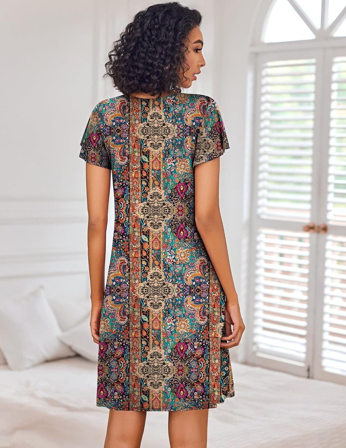 image:imageEkouaer Nightgowns for Women Short Sleeve House Dress Pleated Night GownEthnic Floral