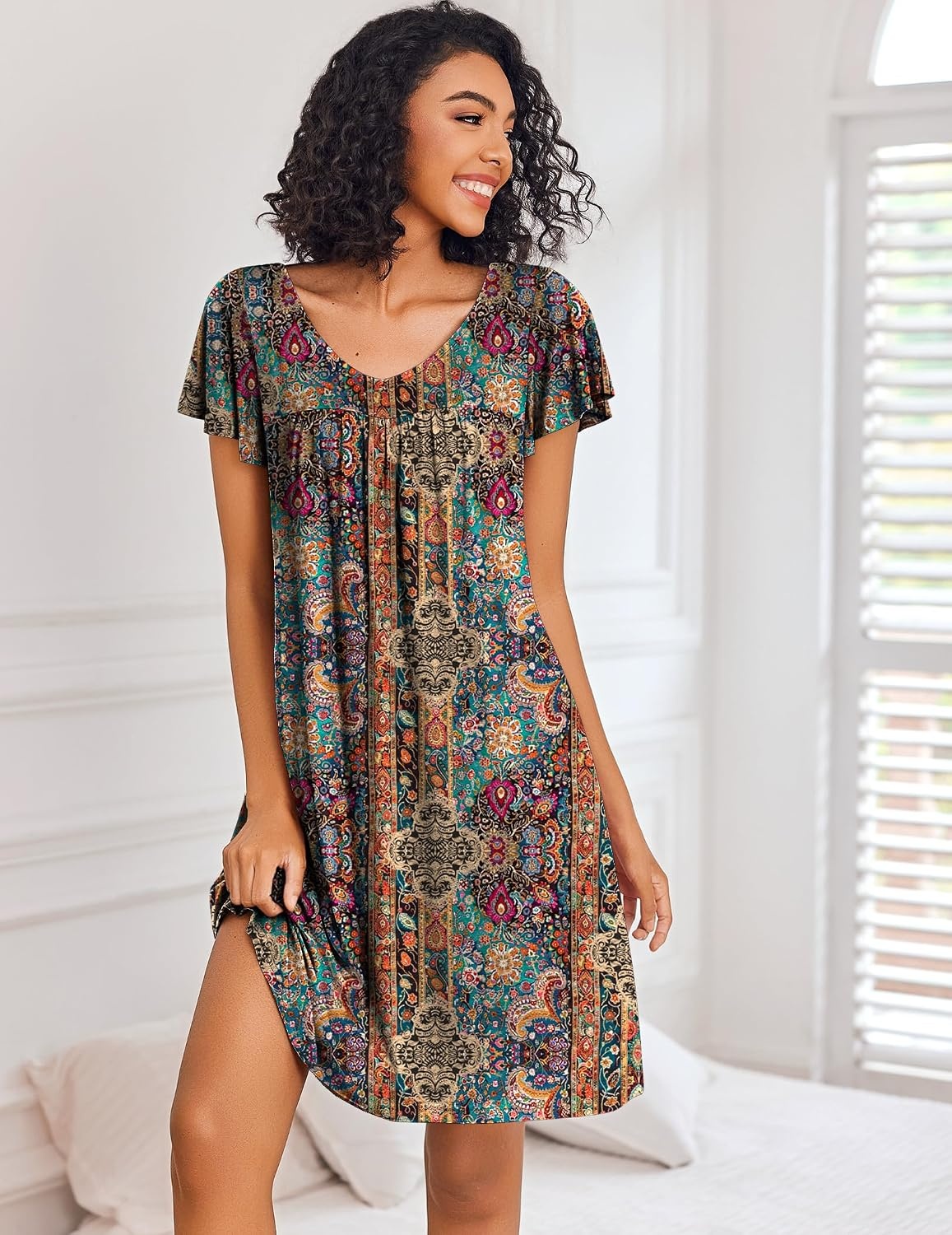 image:imageEkouaer Nightgowns for Women Short Sleeve House Dress Pleated Night GownEthnic Floral