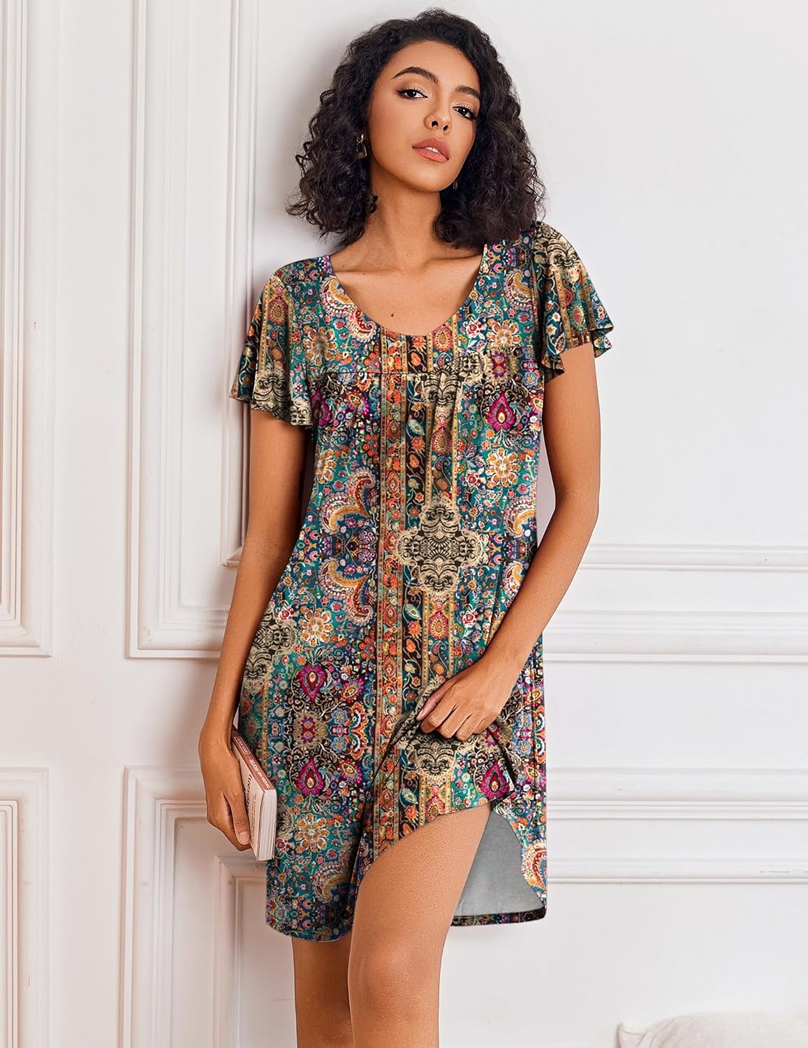 image:imageEkouaer Nightgowns for Women Short Sleeve House Dress Pleated Night GownEthnic Floral