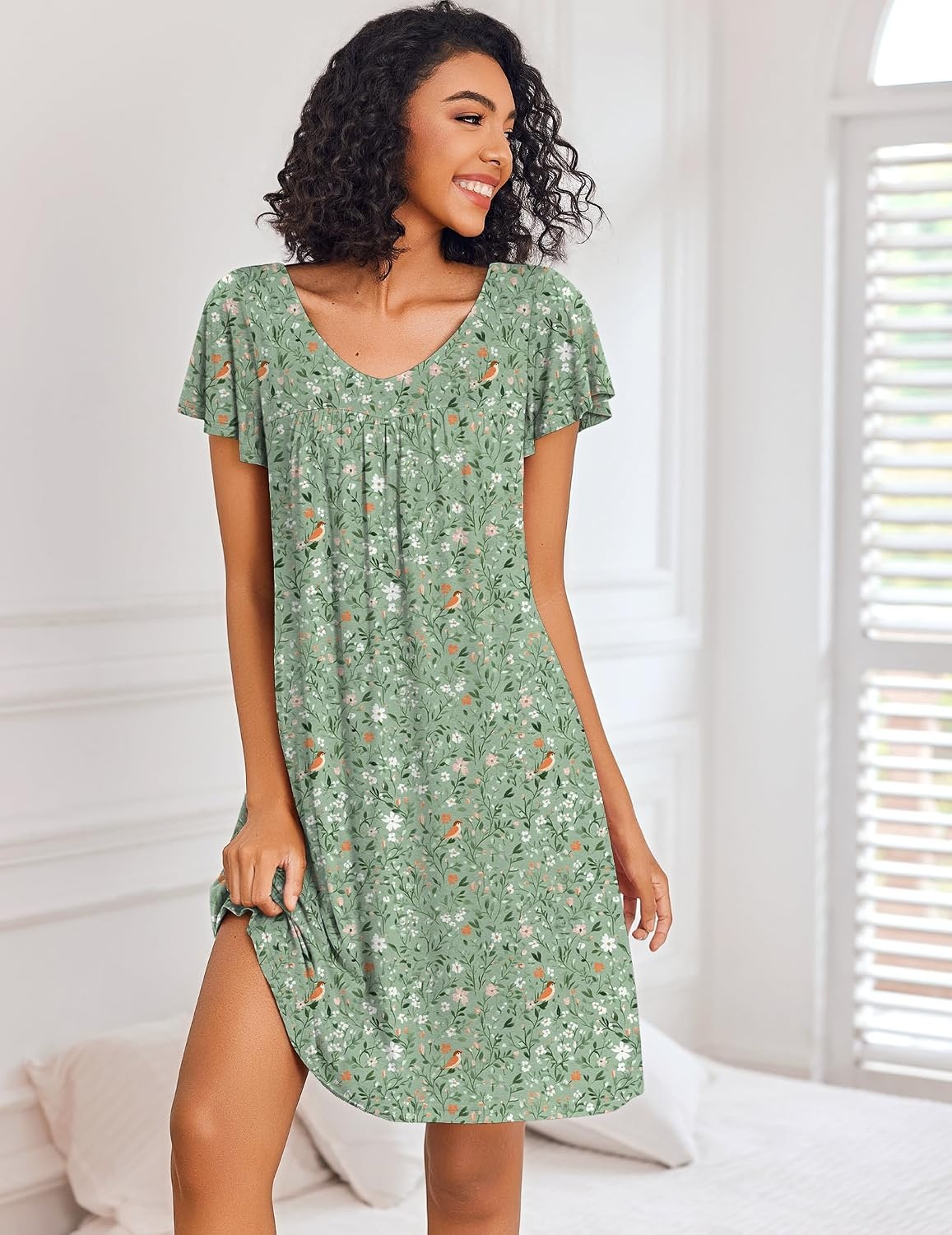 image:imageEkouaer Nightgowns for Women Short Sleeve House Dress Pleated Night GownGreen Leaves