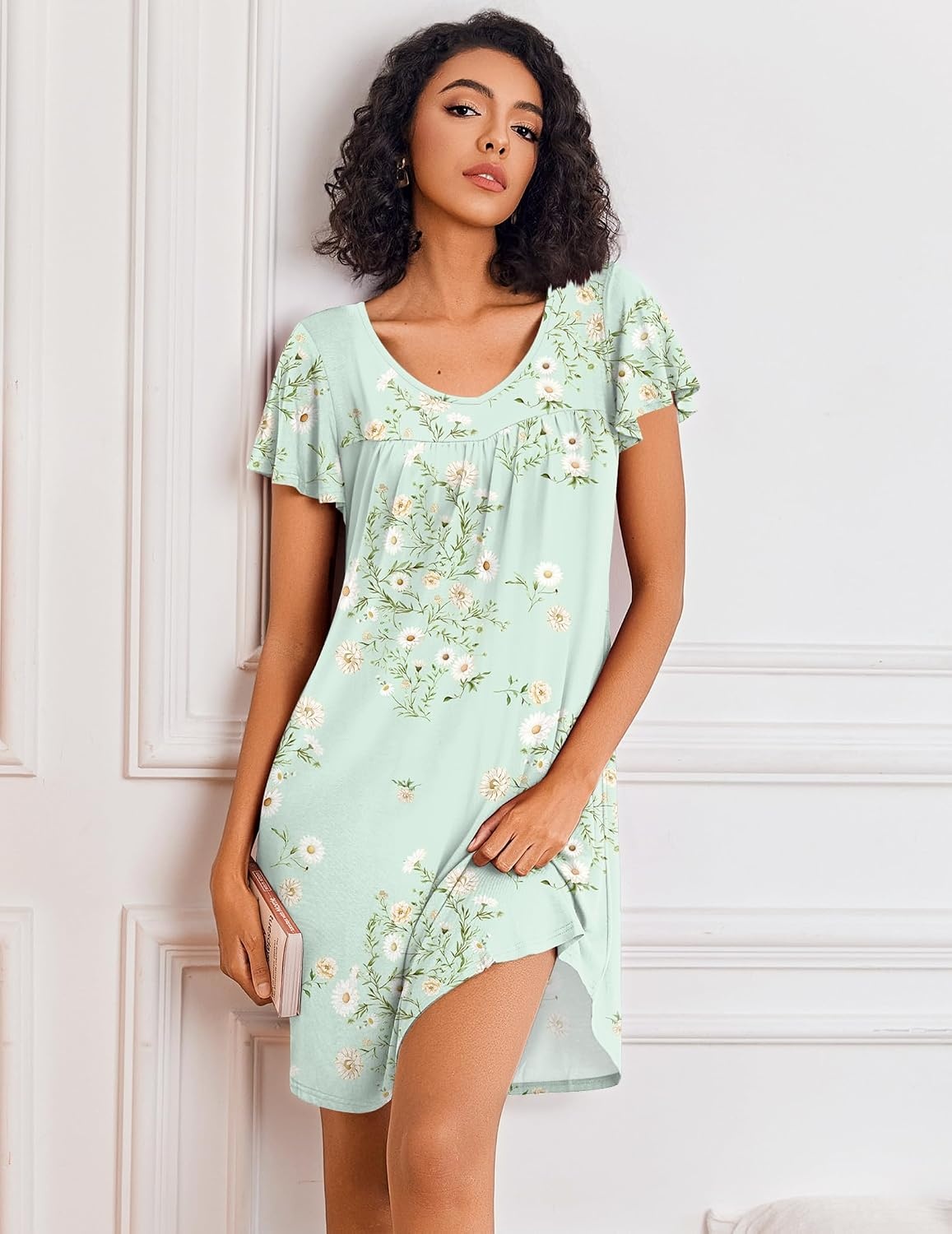 image:imageEkouaer Nightgowns for Women Short Sleeve House Dress Pleated Night GownLight Green Floral