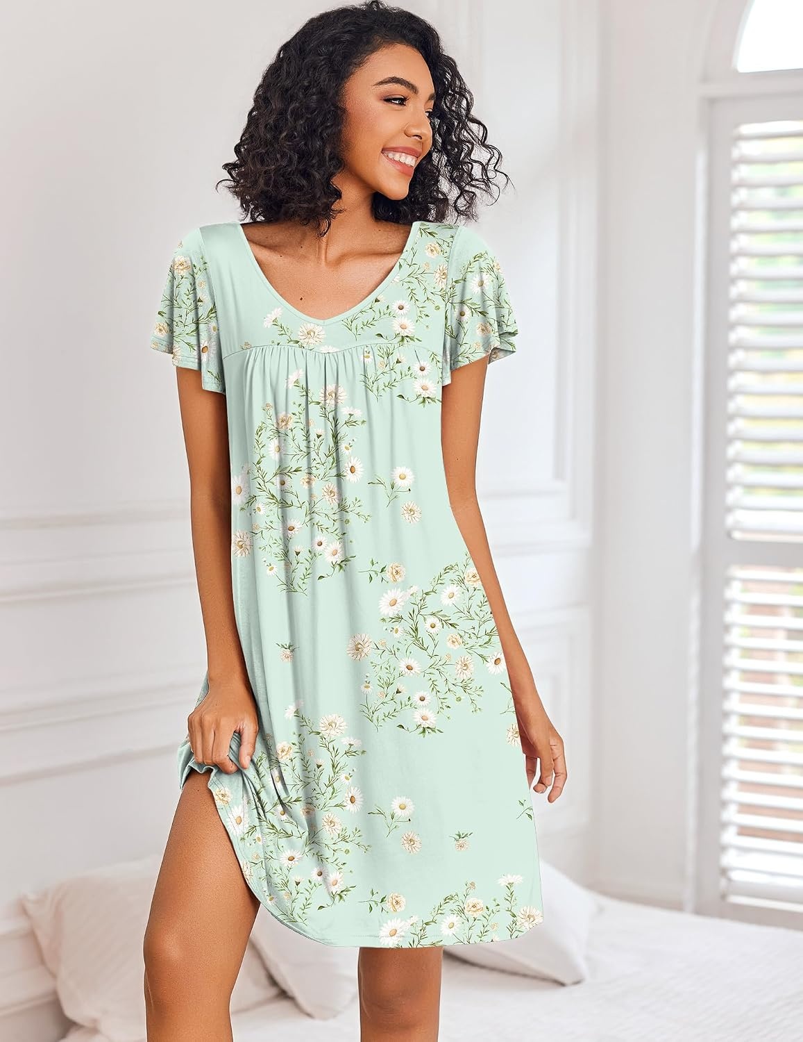 image:imageEkouaer Nightgowns for Women Short Sleeve House Dress Pleated Night GownLight Green Floral