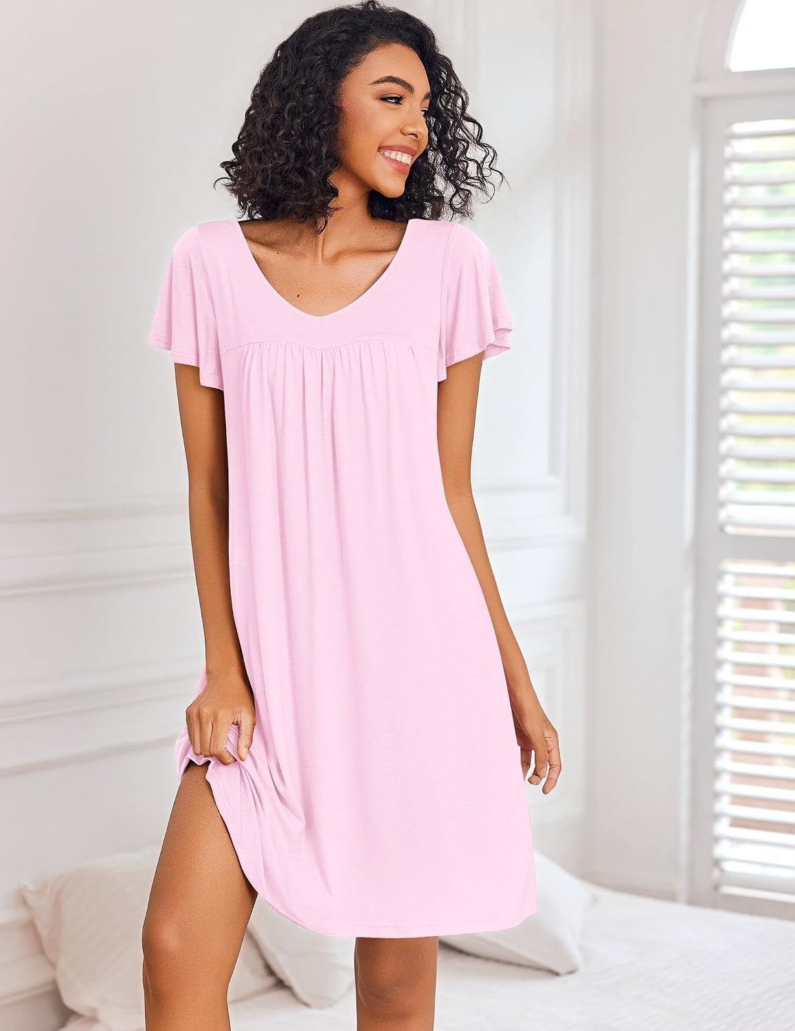 image:imageEkouaer Nightgowns for Women Short Sleeve House Dress Pleated Night GownPink