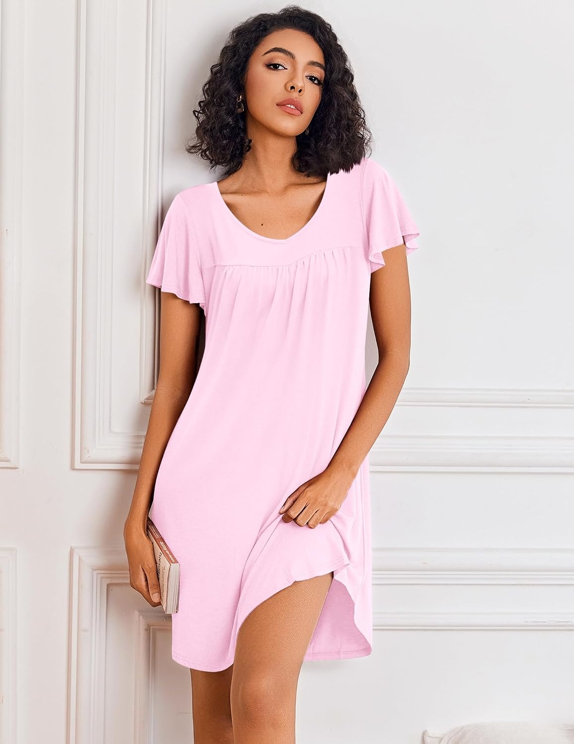 image:imageEkouaer Nightgowns for Women Short Sleeve House Dress Pleated Night GownPink